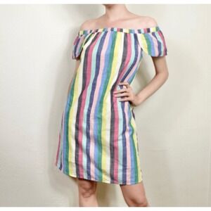 J. Crew Rainbow Stripe Off the Shoulder Flutter Sleeve Summer Shift Size 14